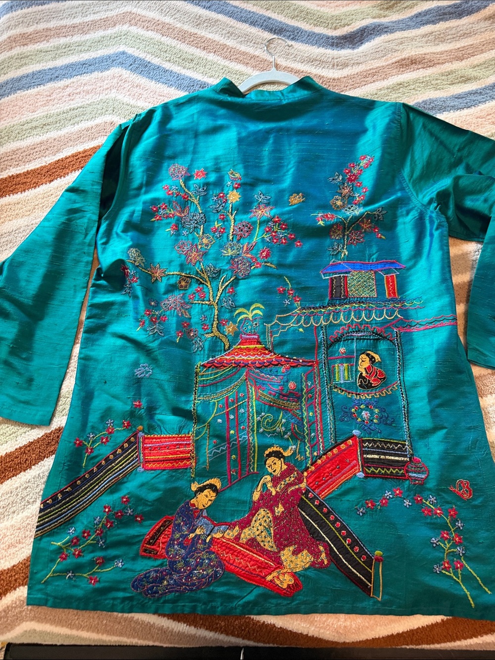 Chico's Teal Embroidered Mandarin Button Tunic 100% Silk